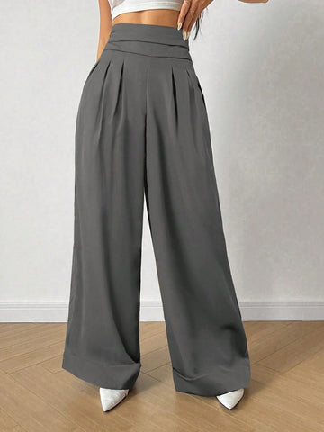 Relaxiva Solid High Waist Plicated Detail Wide Leg Pants