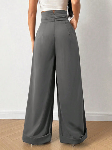 Relaxiva Solid High Waist Plicated Detail Wide Leg Pants