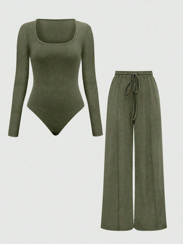 MOOSTA Summer Casual Plain Asymmetrical Hem Bodysuit And Pants Set