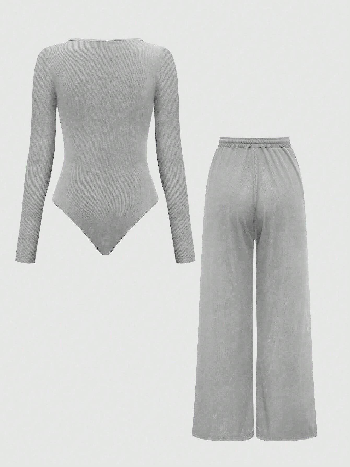 MOOSTA Summer Casual Plain Asymmetrical Hem Bodysuit And Pants Set