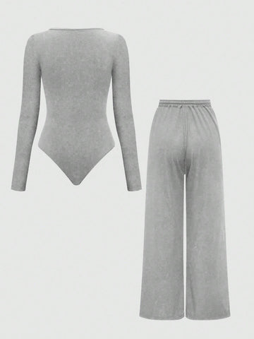 MOOSTA Summer Casual Plain Asymmetrical Hem Bodysuit And Pants Set