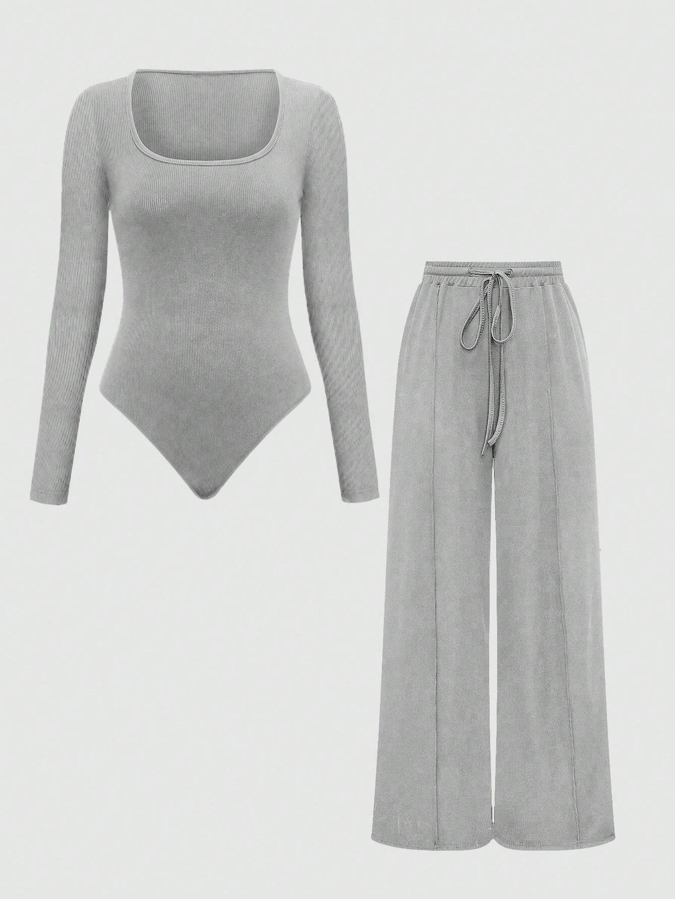 MOOSTA Summer Casual Plain Asymmetrical Hem Bodysuit And Pants Set
