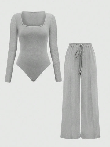 MOOSTA Summer Casual Plain Asymmetrical Hem Bodysuit And Pants Set