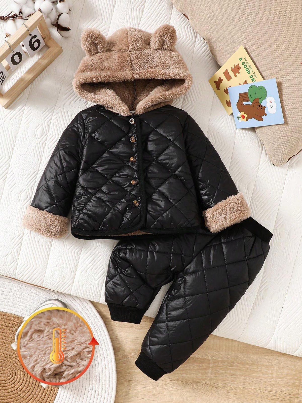 2pcs Baby Boys/Girls Winter Warm Thicken Fleece Lined Hoodie & Pants Set