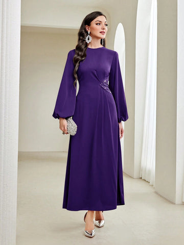 Modely Modest Long Lantern Sleeve Rhinestone Decoration Dress