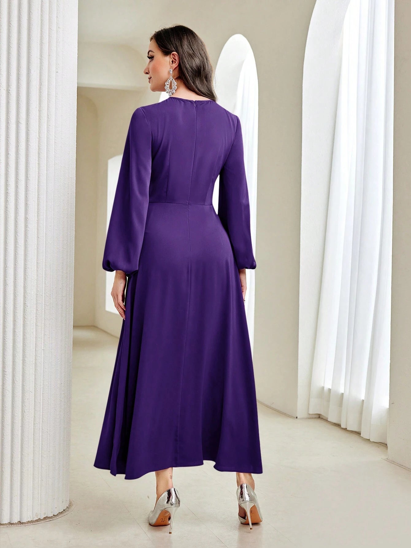 Modely Modest Long Lantern Sleeve Rhinestone Decoration Dress