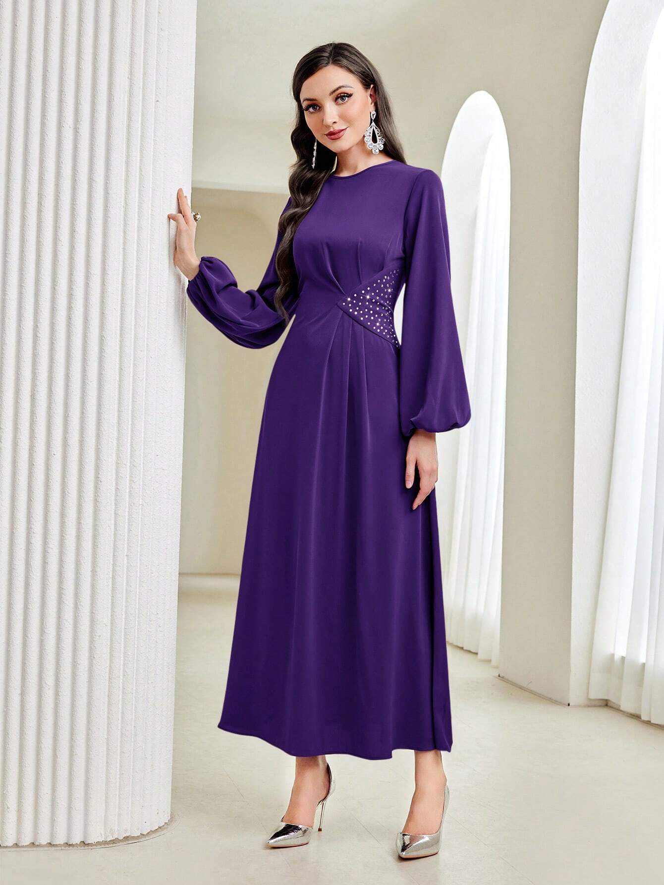 Modely Modest Long Lantern Sleeve Rhinestone Decoration Dress