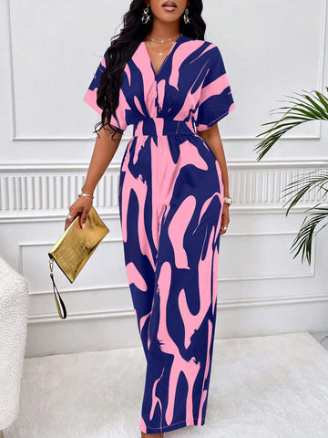 Lyxana Allover Print Batwing Sleeve Shirt Jumpsuit
