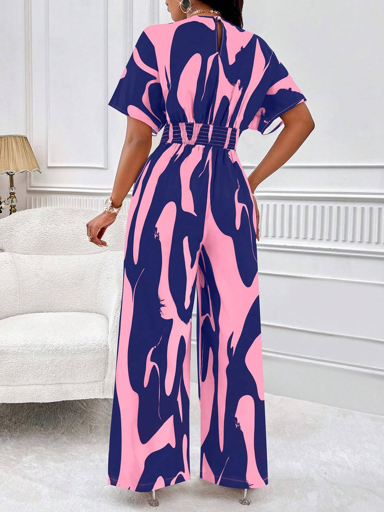 Lyxana Allover Print Batwing Sleeve Shirt Jumpsuit