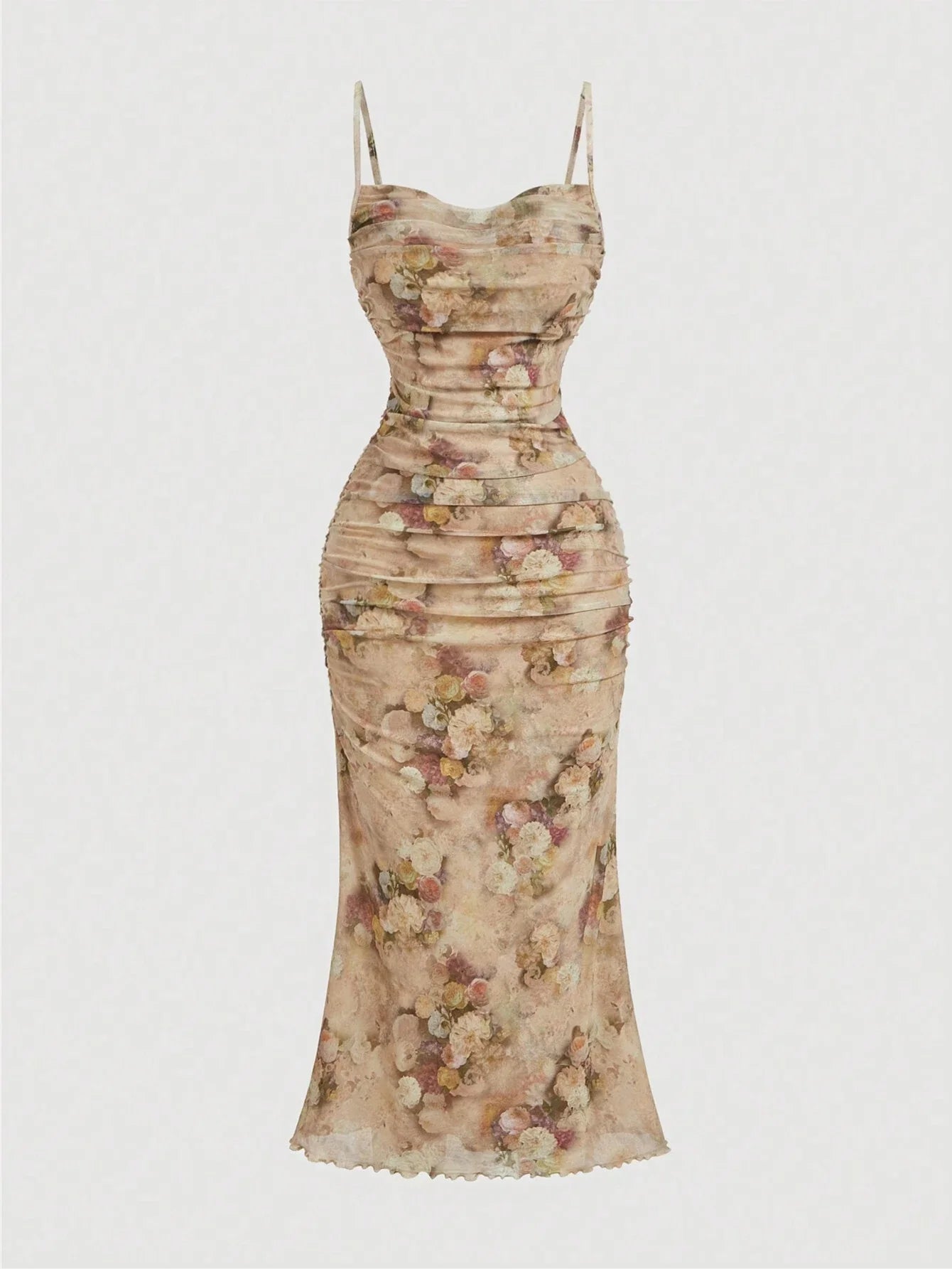 MOD Summer Pink Floral Print Ruched Mesh Cami Long Dress