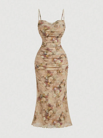 MOD Summer Pink Floral Print Ruched Mesh Cami Long Dress