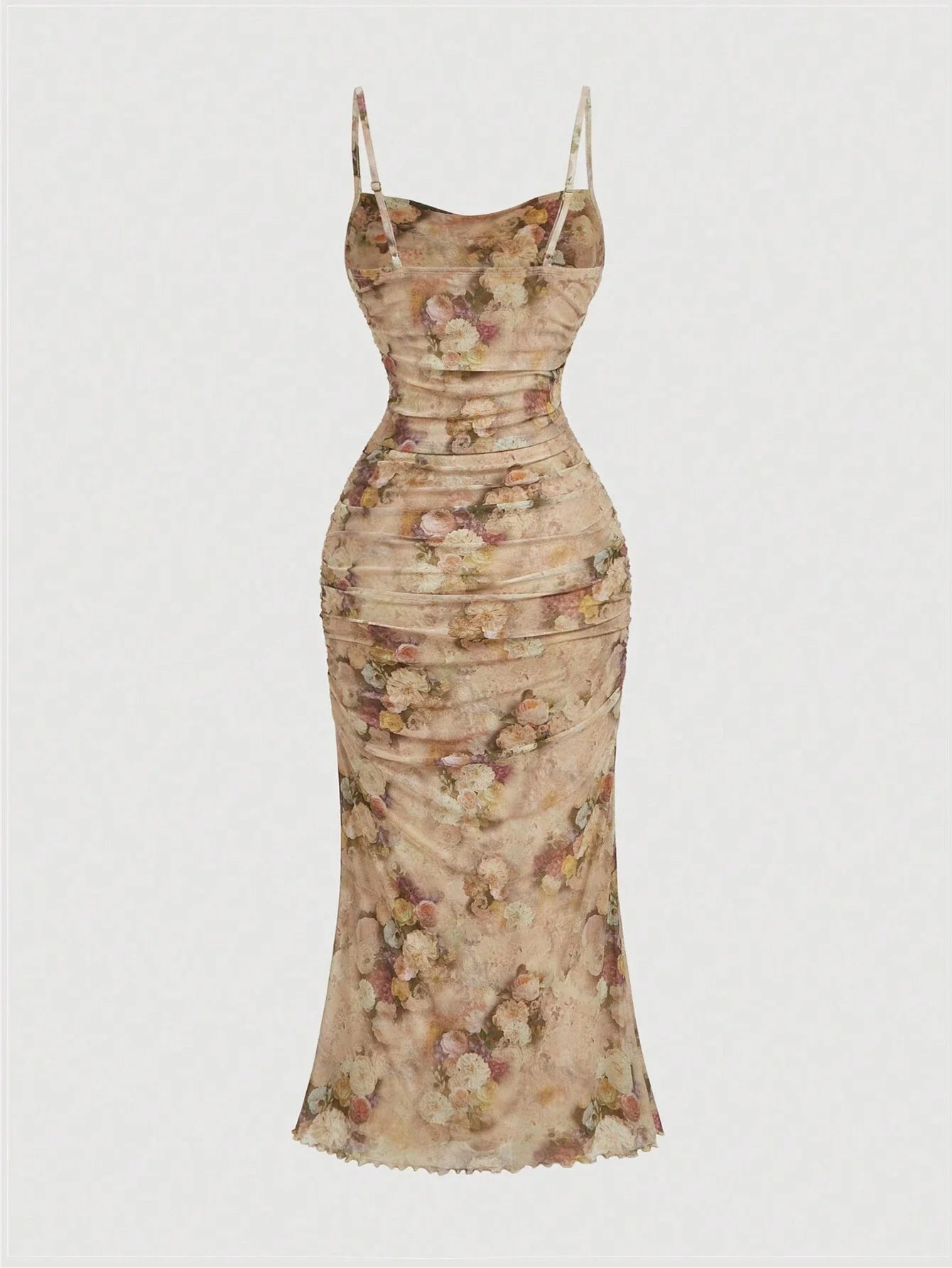 MOD Summer Pink Floral Print Ruched Mesh Cami Long Dress