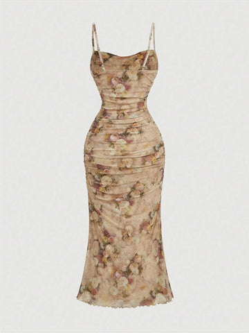 MOD Summer Pink Floral Print Ruched Mesh Cami Long Dress