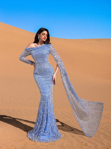 Luxury Asymmetrical Sleeves Mermaid Hem Beaded Formal Dress