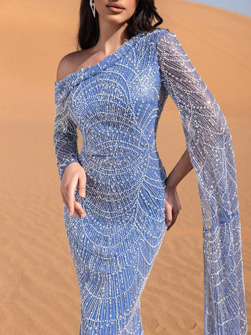 Luxury Asymmetrical Sleeves Mermaid Hem Beaded Formal Dress