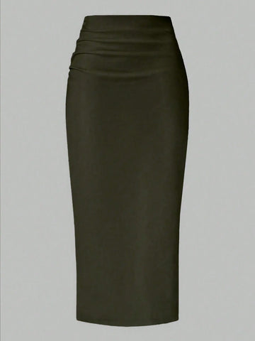 Raffin�a Solid Color Pleated Back Zipper Slit Skirt