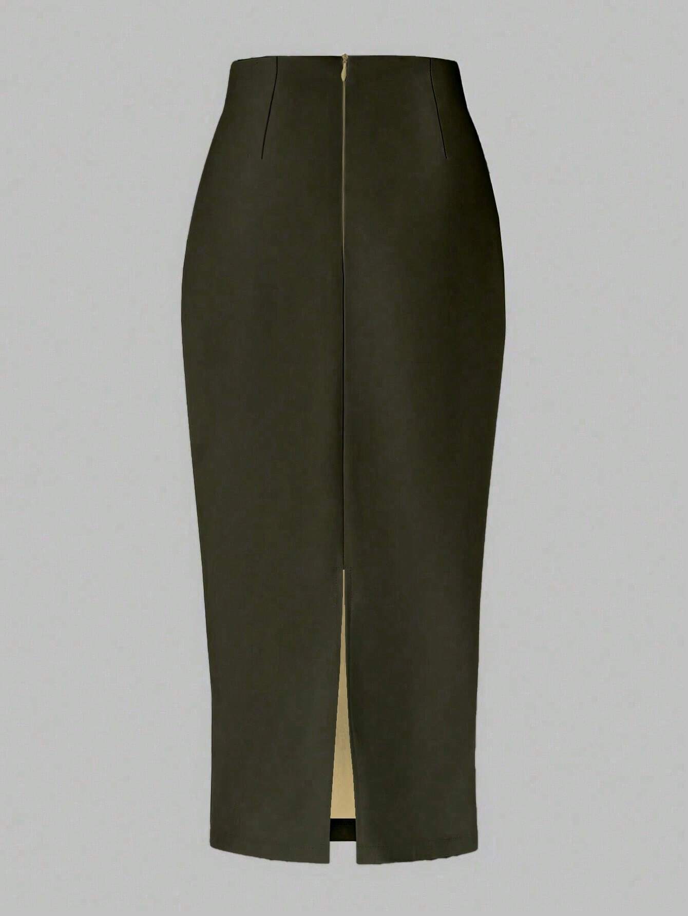 Raffin�a Solid Color Pleated Back Zipper Slit Skirt