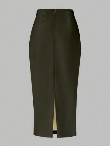Raffin�a Solid Color Pleated Back Zipper Slit Skirt