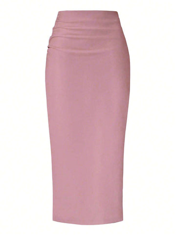 Raffin�a Solid Color Pleated Back Zipper Slit Skirt
