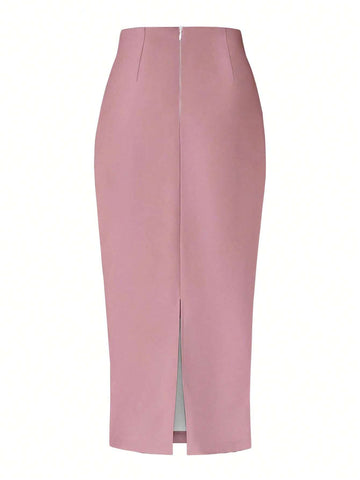 Raffin�a Solid Color Pleated Back Zipper Slit Skirt