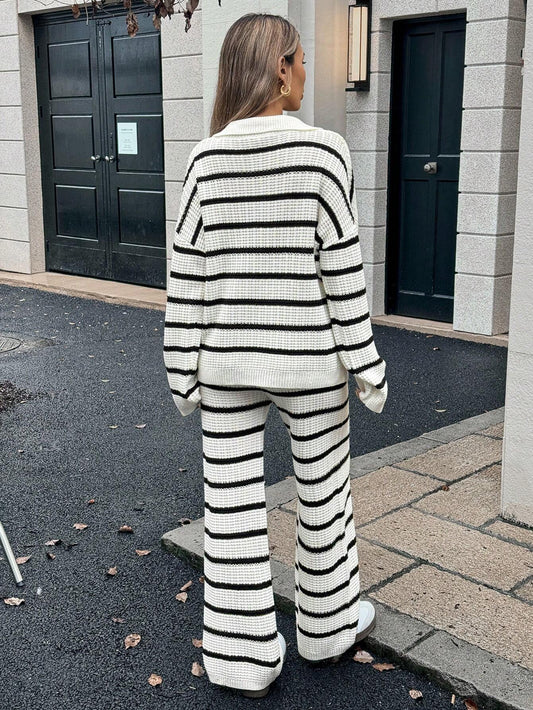 Relaxiva Women's Loose Striped V-Neck Drop Shoulder Long Sleeve Sweater & Elastic Waist Striped Sweatpants