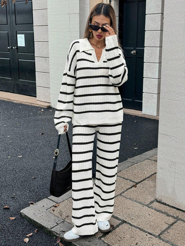 Relaxiva Women's Loose Striped V-Neck Drop Shoulder Long Sleeve Sweater & Elastic Waist Striped Sweatpants