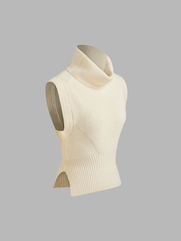 Knit High Neck Solid Split Vest