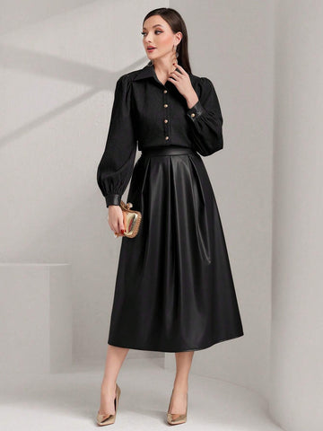 Modely 2pcs Women Elegant Solid Color Lantern Sleeve Shirt And Pleated Long Skirt Set