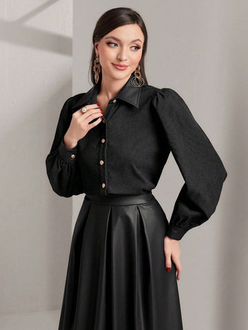 Modely 2pcs Women Elegant Solid Color Lantern Sleeve Shirt And Pleated Long Skirt Set