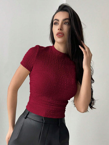 Aloruh Women's Solid Color Jacquard Knit Round Neck Short Sleeve Casual Top