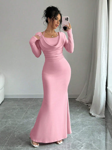 Elegant And Sexy Simple Suspender Tie Knot Hanging Neck Long Sleeved Mermaid Hem Tight Long Dress