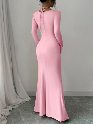 Elegant And Sexy Simple Suspender Tie Knot Hanging Neck Long Sleeved Mermaid Hem Tight Long Dress