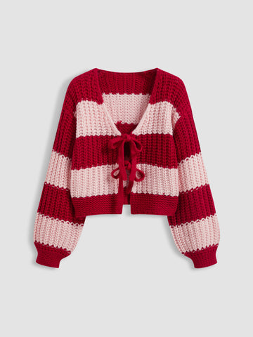 Knit V-neck Striped Tie Front Cardigan