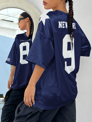 EZwear Oversized Boyfriend Style Print Letter & Star Satin Basketball Jersey Tee
