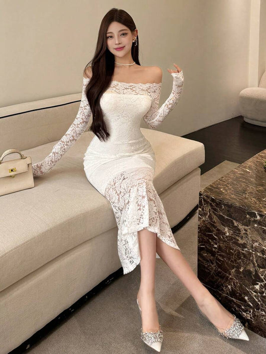 Women's Lace Panel Long Party Dress Elegant,Ruffle