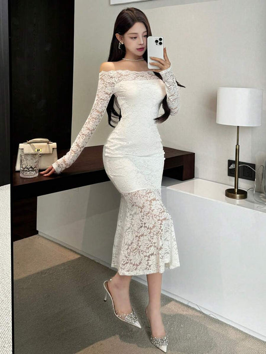 Women's Lace Panel Long Party Dress Elegant,Ruffle