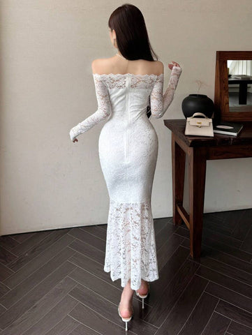 Women's Lace Panel Long Party Dress Elegant,Ruffle