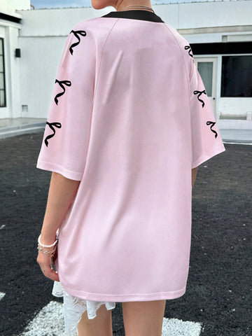 Women's Crew Neck Mid Sleeve Bow & Number Print Simple Casual T-Shirt