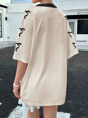 Women's Crew Neck Mid Sleeve Bow & Number Print Simple Casual T-Shirt