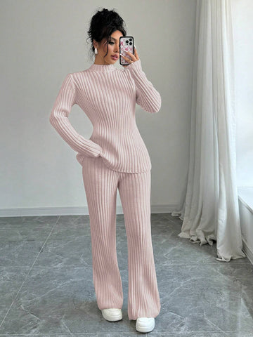 Elenzga 2pcs Women's Solid Stand Collar Long Sleeve Sweater And Lounge Pants Set