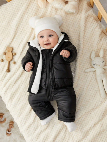 Baby Boy/Girl Autumn/Winter Warm Hooded Jumpsuit With Padded Jacket & Pants Set, Suitable For Outdoor