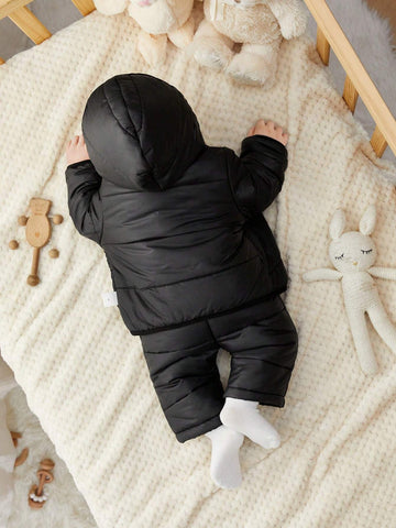 Baby Boy/Girl Autumn/Winter Warm Hooded Jumpsuit With Padded Jacket & Pants Set, Suitable For Outdoor