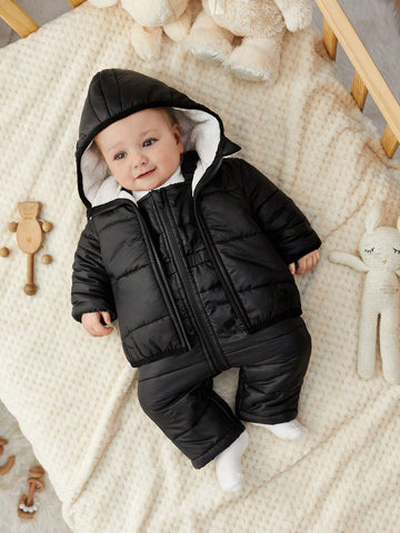 Baby Boy/Girl Autumn/Winter Warm Hooded Jumpsuit With Padded Jacket & Pants Set, Suitable For Outdoor