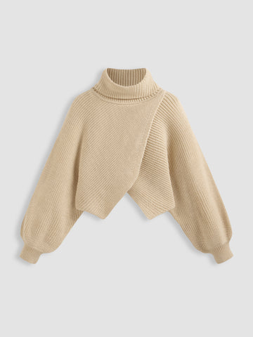 High Neck Solid Knitted Long Sleeve Crop Sweater