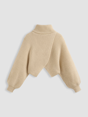 High Neck Solid Knitted Long Sleeve Crop Sweater