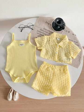 Baby Girls' Holiday Leisure Style Textured Fabric Short Sleeved Shirt + Shorts + Suspenders Romper