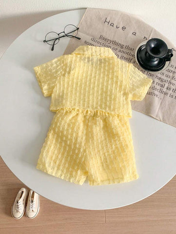 Baby Girls' Holiday Leisure Style Textured Fabric Short Sleeved Shirt + Shorts + Suspenders Romper