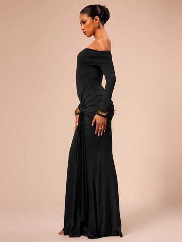 MUSERA Off Shoulder Long Sleeve Wrap Maxi Dress