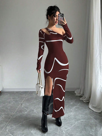 Elenzga Women's Off Shoulder Fitted Elegant Abstract Graffiti Print Asymmetric Long Sleeve Split Hem Dress