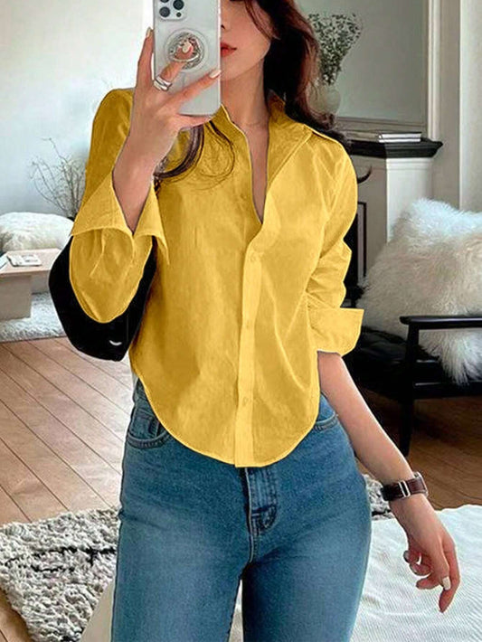 Women's Casual Solid Curved Hem Button Down Shirt